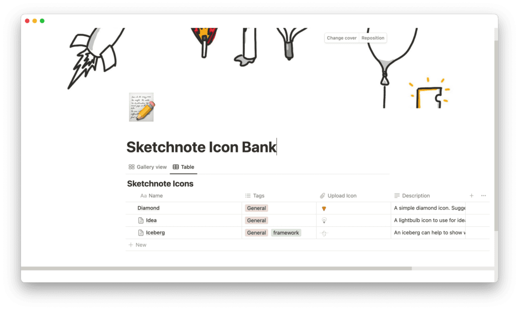 A sketchnote icon bank in the second brain app notion