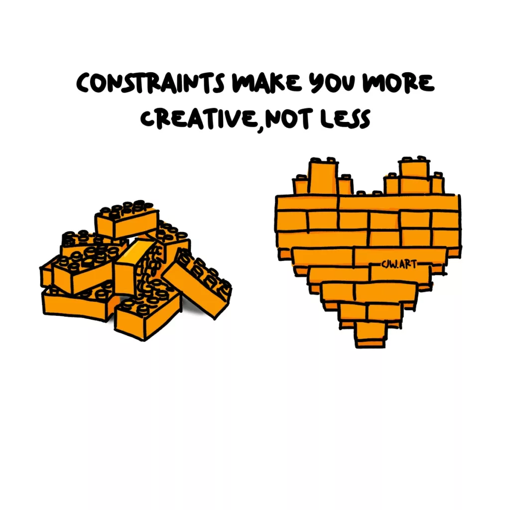 A picture of a set of lego blocks turned into a heart showing the power of constraints for creativity. 