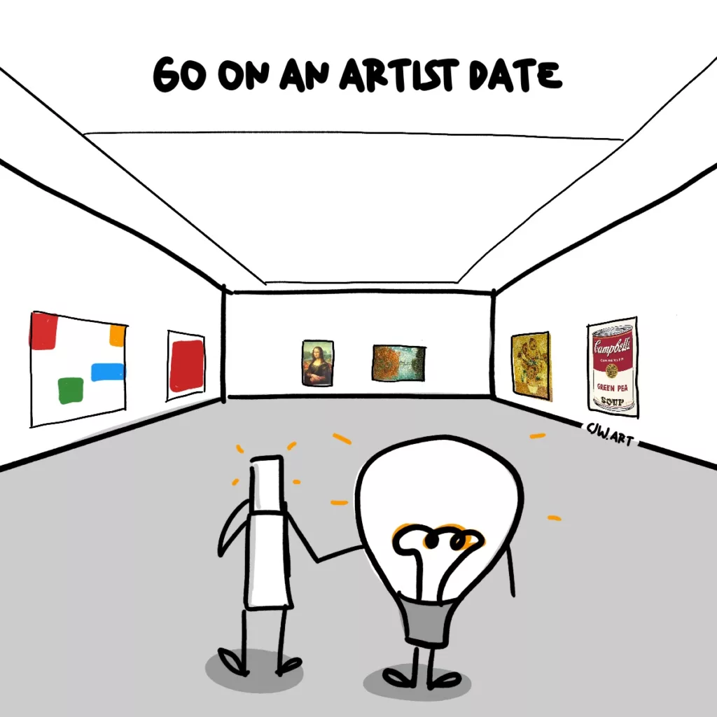 A person with a lightbulb going to an art gallery representing going on an artist's date