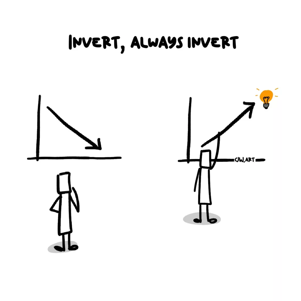 A man looking at a chart going down representing bad ideas, then steps up to the chart and turns the arrow around to represent going to the lightbulb. This represents the mental model of inversion. 