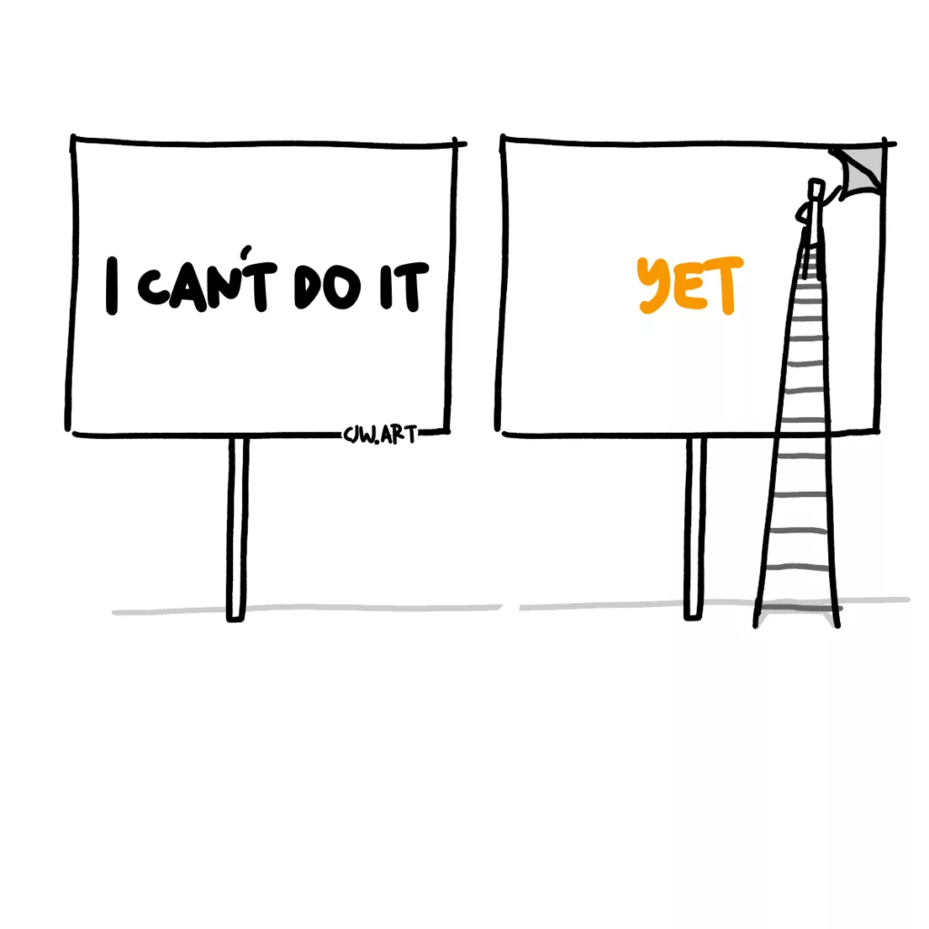 A sign that says "I can't do it" with a man putting up another sign says "yet" next to it.