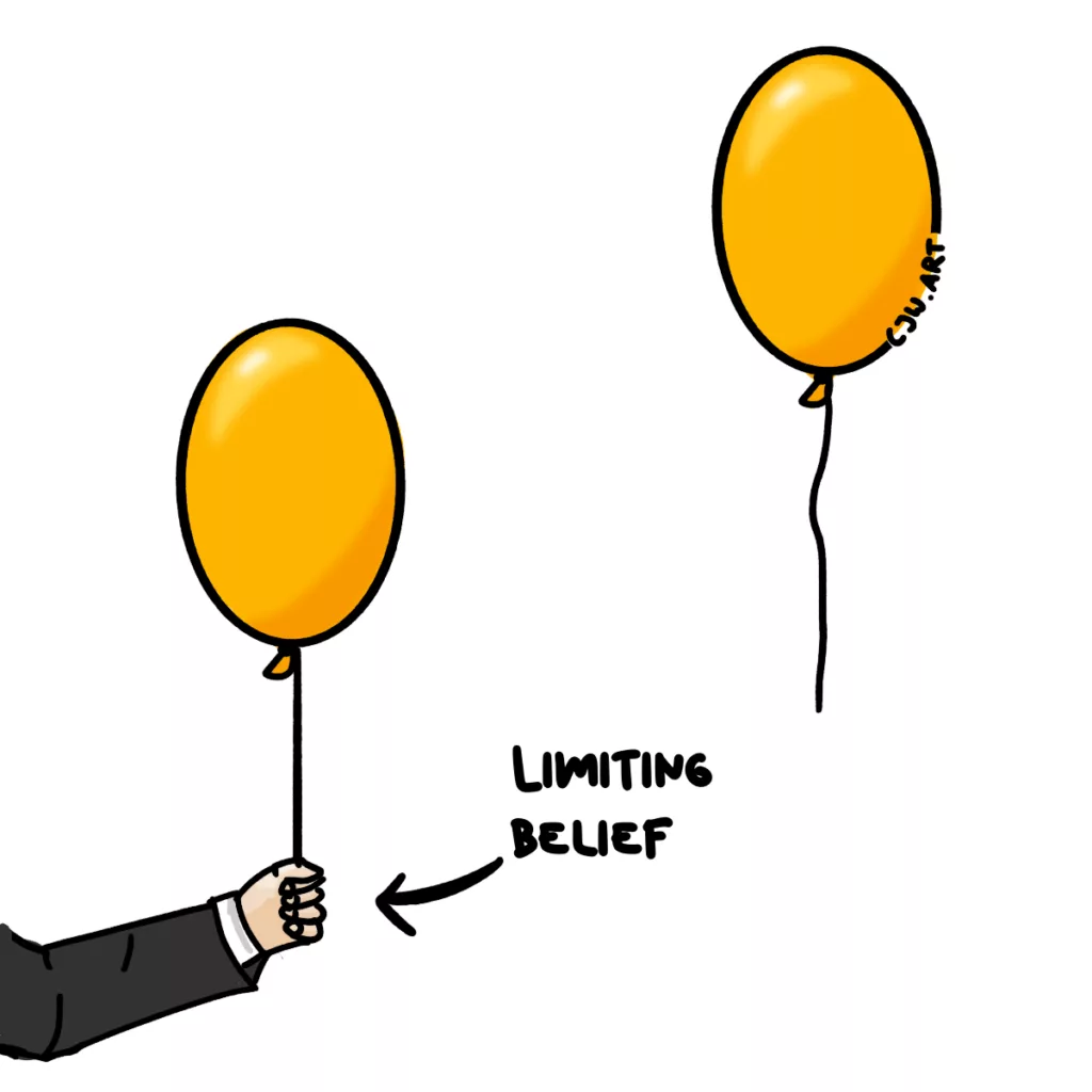 an arm holding a balloon representing a limiting belief, next to one rising into the air.