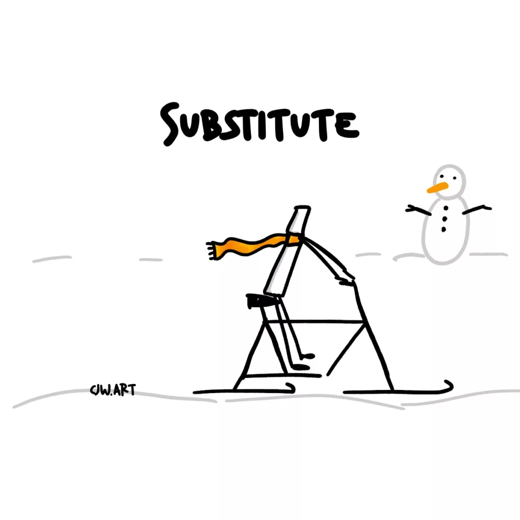 A man on a bike with the wheels swapped for skis representing "substitue" in the SCAMPER framework.