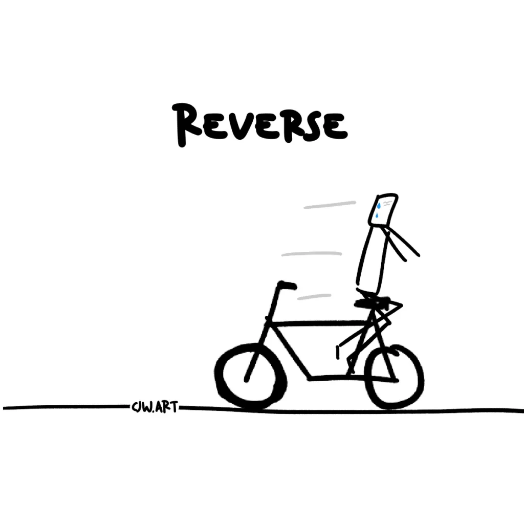 Someone riding a bike in reverse to represent "reverse" in the SCAMPER framework.