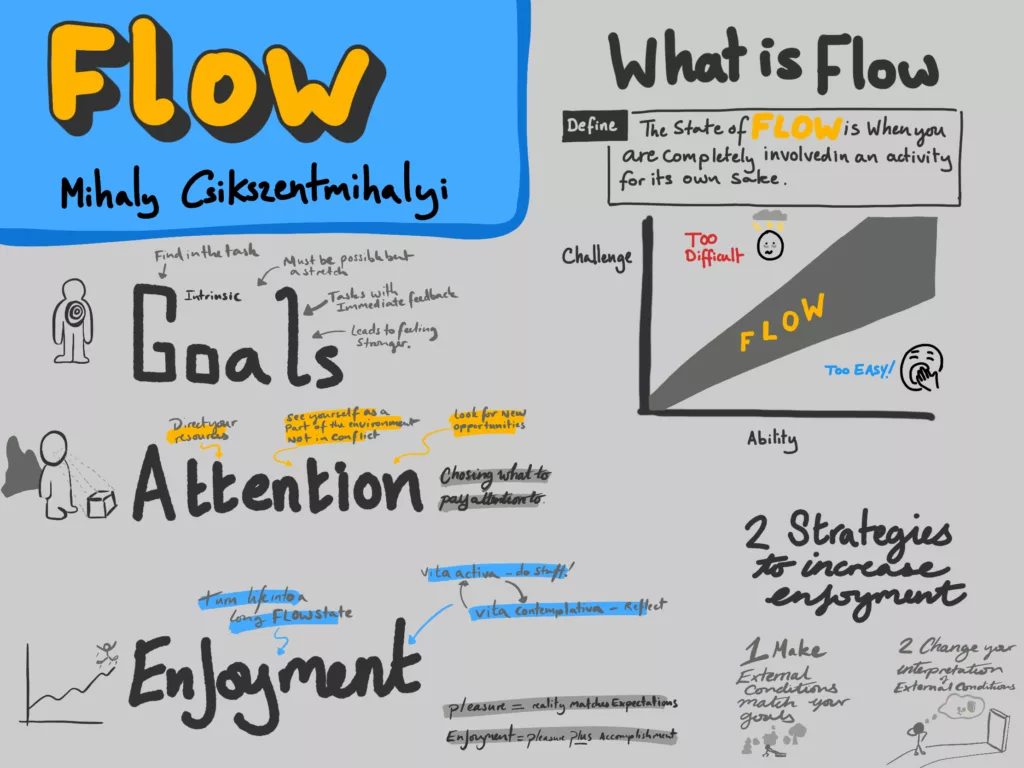 A sketchnote with the core lessons from Flow by Mihal Csikszentimihalyi